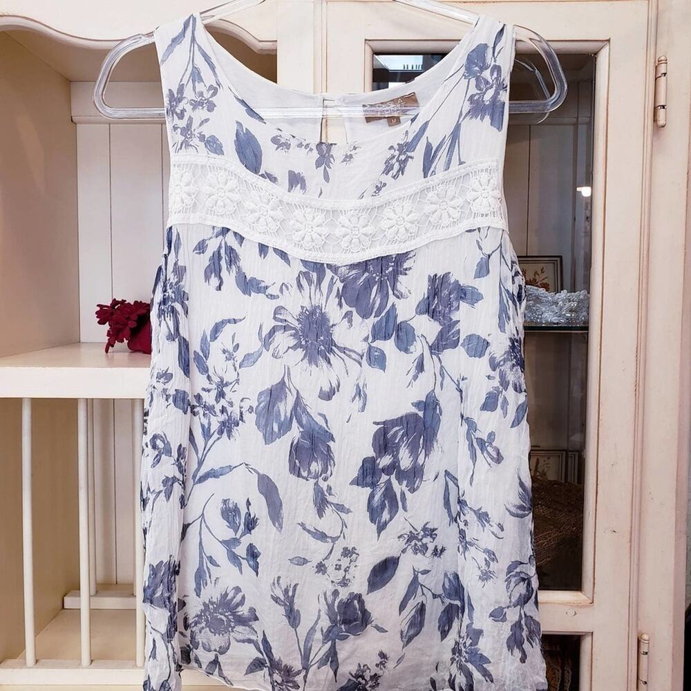 Carla Conti 100%‎ Silk Sheer White Blue Floral lined Sleeveless Top Size Medium